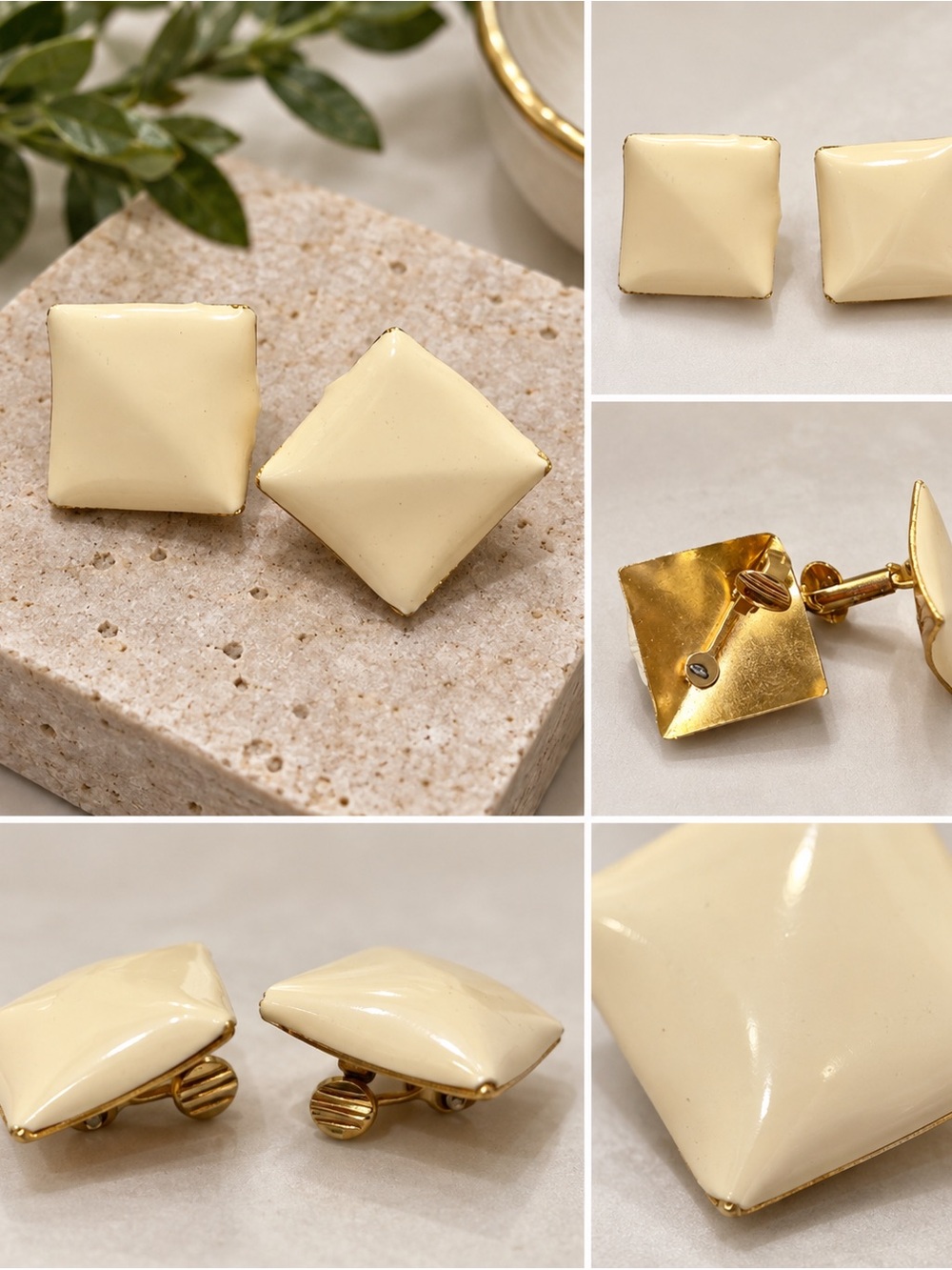 Cream Square Pyramid Clip-On Earrings - Unbranded